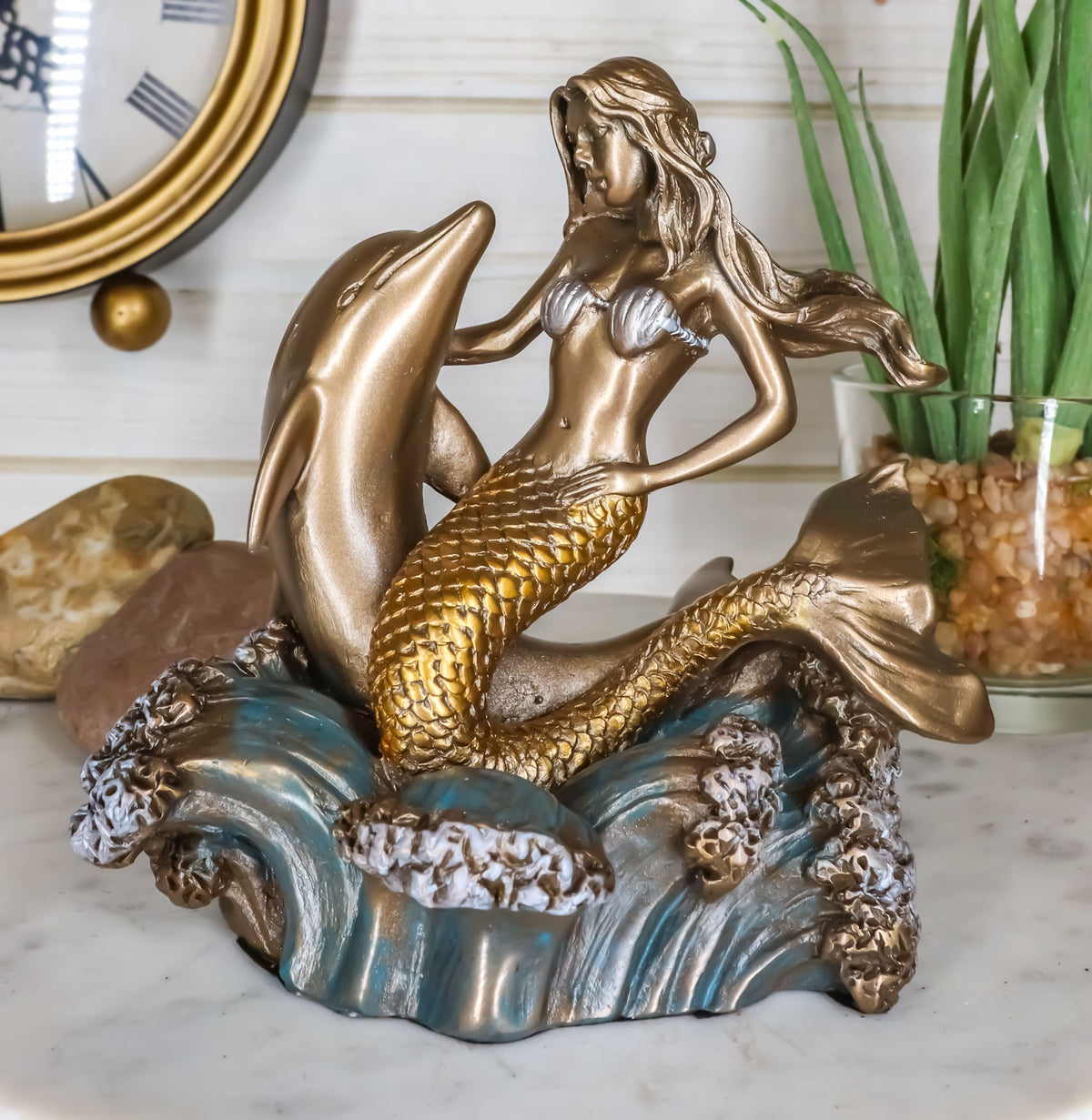 Ebros Mermaid Embracing Dolphin By Ocean Waves Statue 4.5"L Nautical Decor