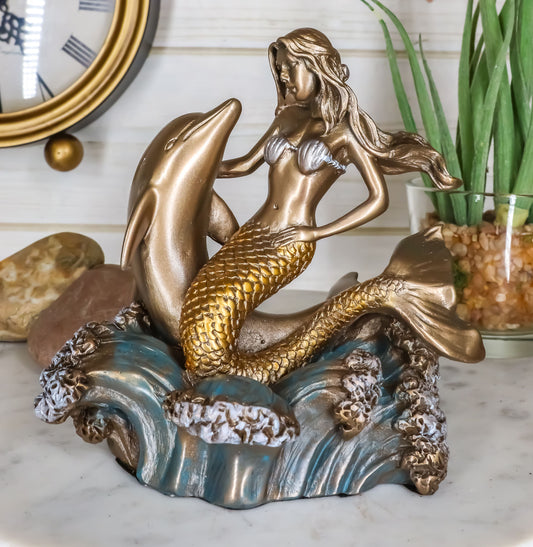 Ebros Mermaid Embracing Dolphin By Ocean Waves Statue 4.5"L Nautical Decor