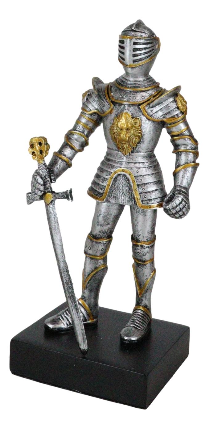 English Chivalrous Lion Coat Of Arms Knight With Sword Standing Guard Figurine