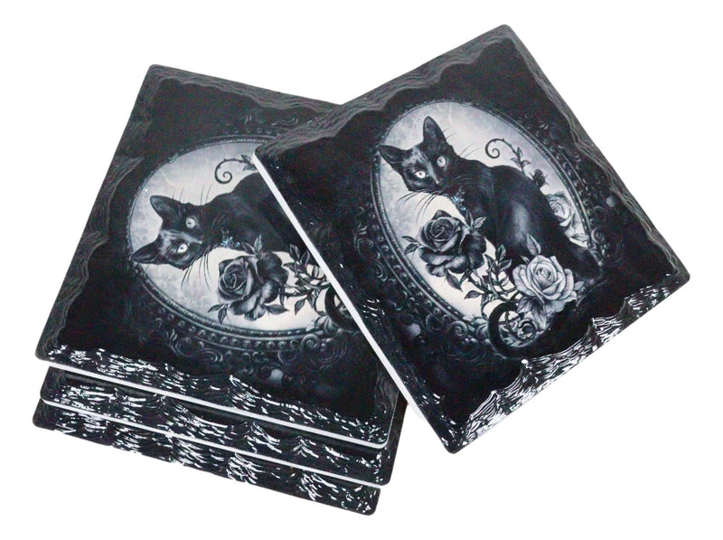 Ebros Witching Hour Feline Black Cat Roses Cork Backed Ceramic Coasters Set of 4