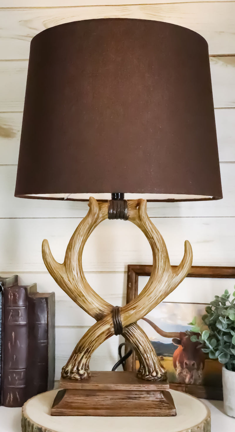 Western Rustic Vintage 2 Entwined Stag Deer Antlers Sculptural Table Lamp Decor