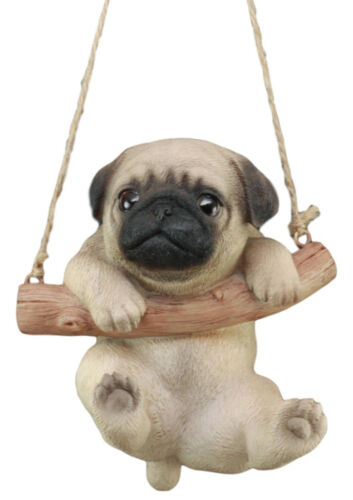Cute Lifelike Teacup Pug Puppy Macrame Branch Hanger 5.5"Tall With Jute Strings