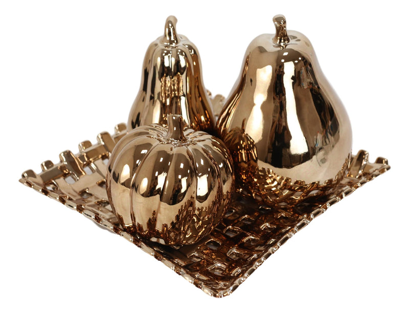 Glam Bronze Ceramic Decorative Fruit Assortment With Basket Tray Plate Accent