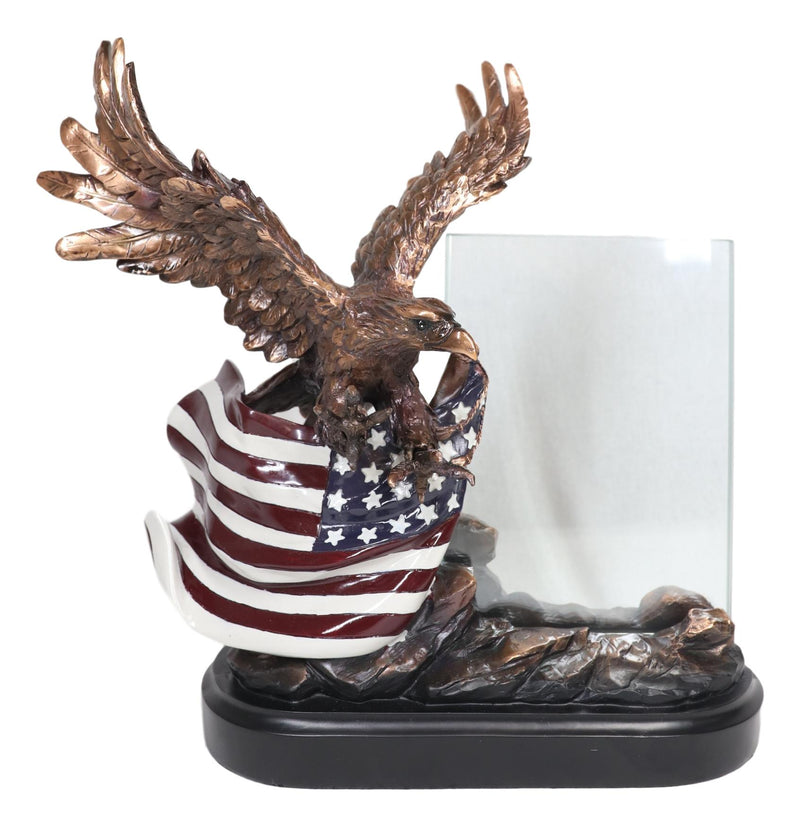 Ebros Bald Eagle W/ Open Wings On American Flag 4"X6" Glass Picture Frame Statue