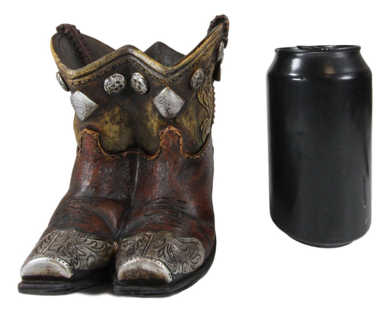 Ebros Rustic Western Cowboy Cowgirl Gold Tone Floral Boots Decorative Vase Pen Holder