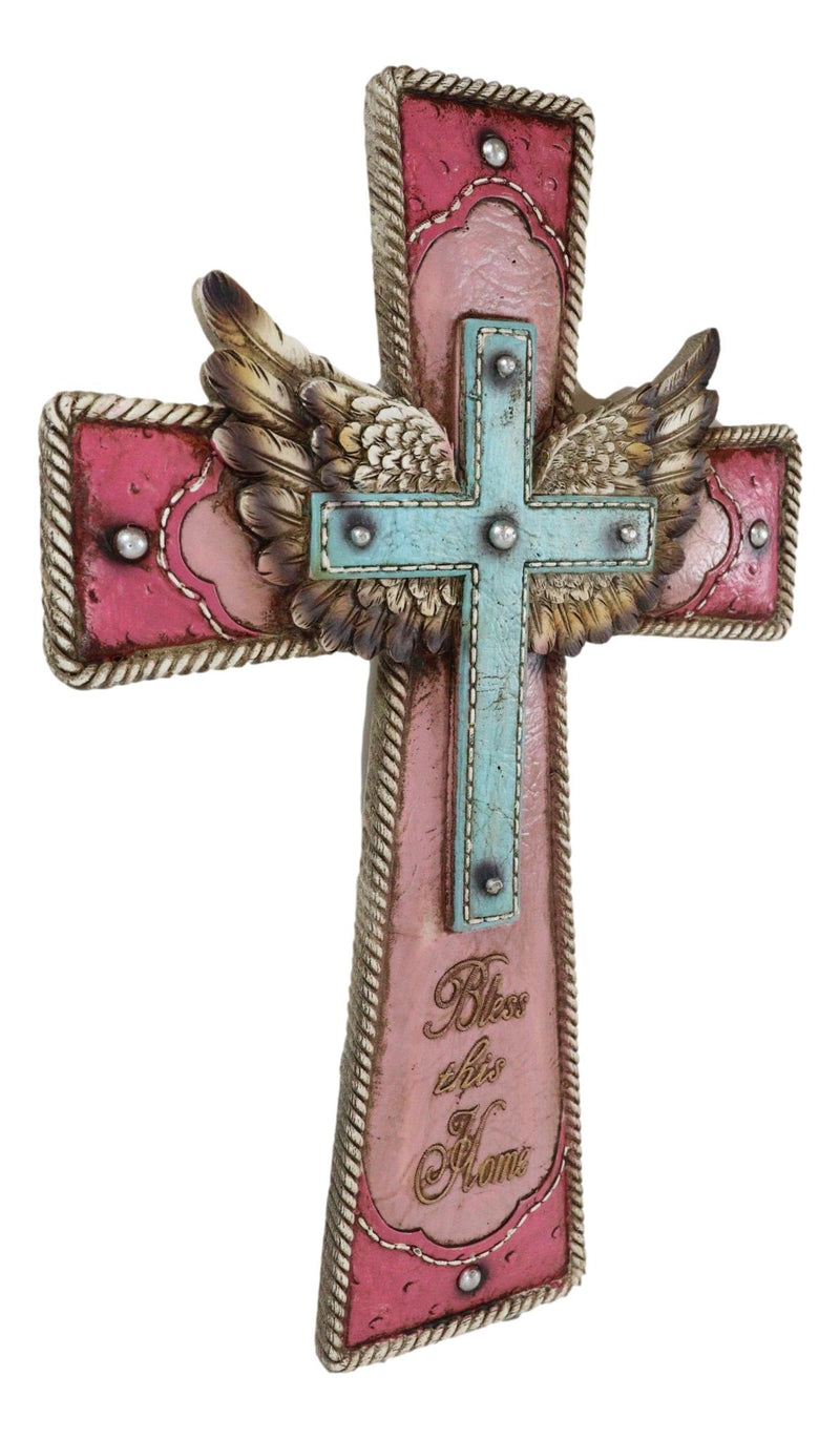 Rustic Western Cowgirl Pink And Turquoise Angel Wings Bless This Home Wall Cross