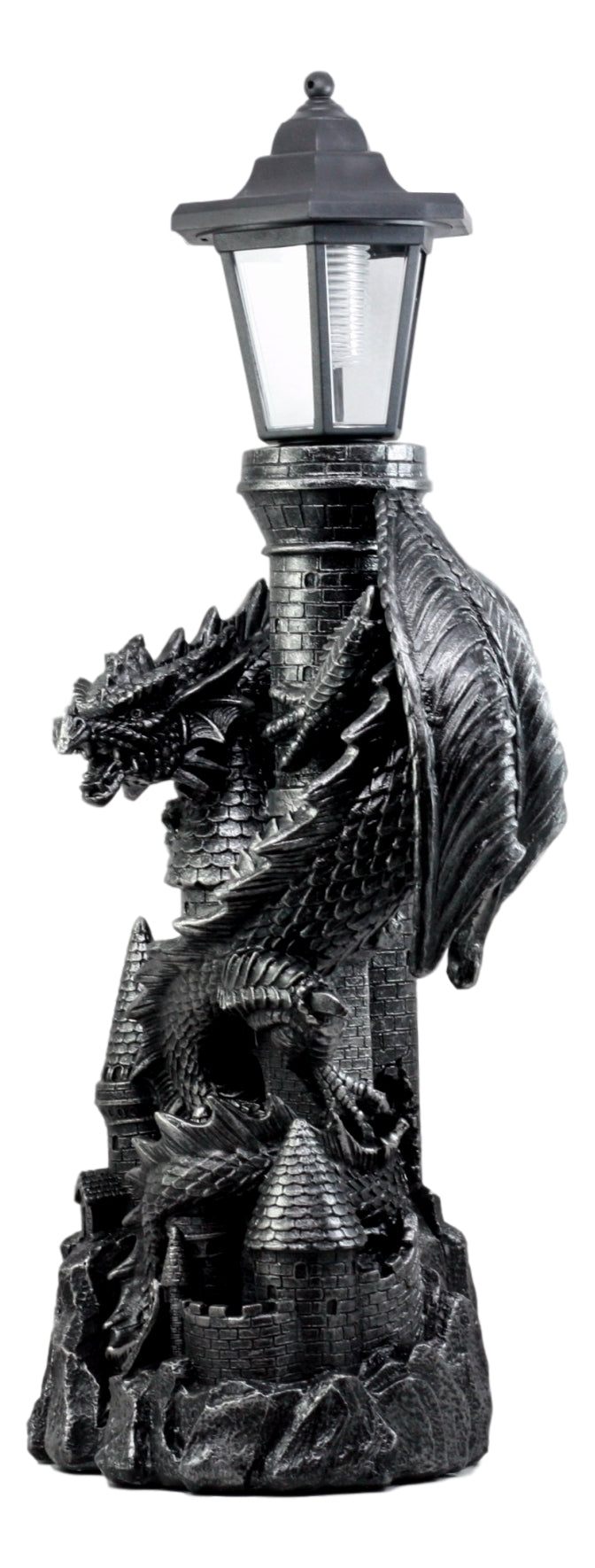Ebros Gift Mystical Rocky Cliff Top Castle Dungeon Guardian Dragon Solar LED Light Lantern Statue Path Lighter Patio Lighter - Ebros Gift