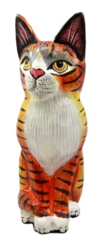 Balinese Wood Handicrafts Adorable Orange Tabby Feline Cat Purr Pet Figurine 8"H