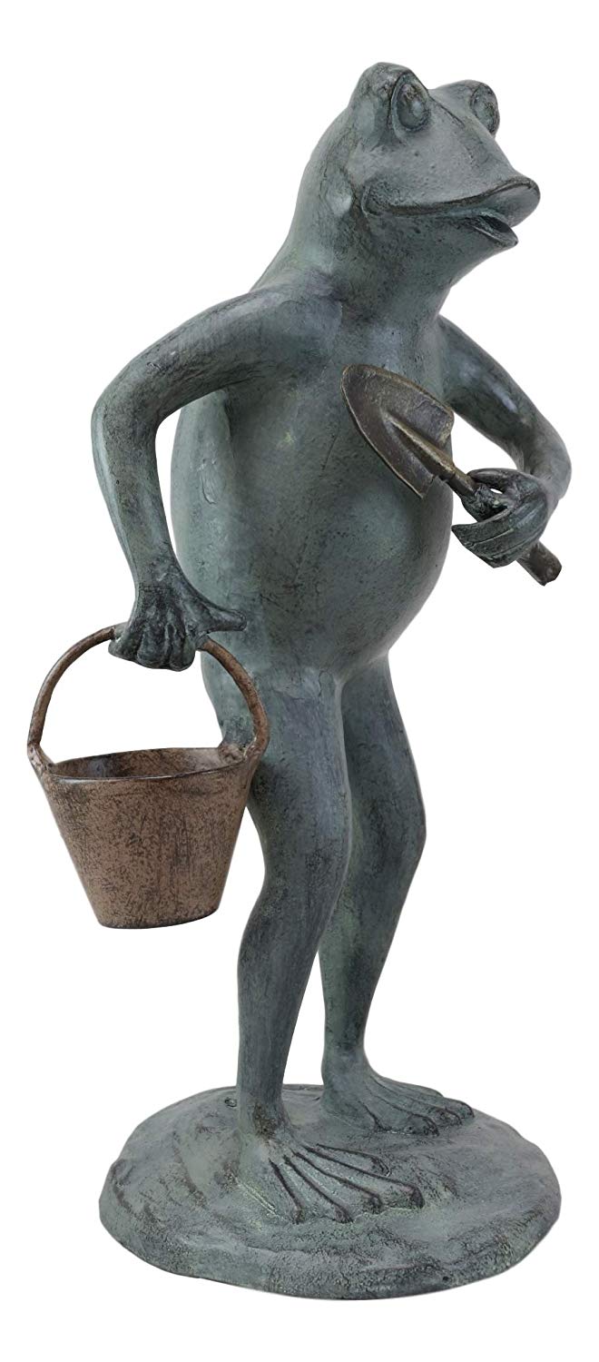 Ebros Gift19" Tall Aluminum Whimsical Green Thumb Garden Frog With Shovel And Pail Statue