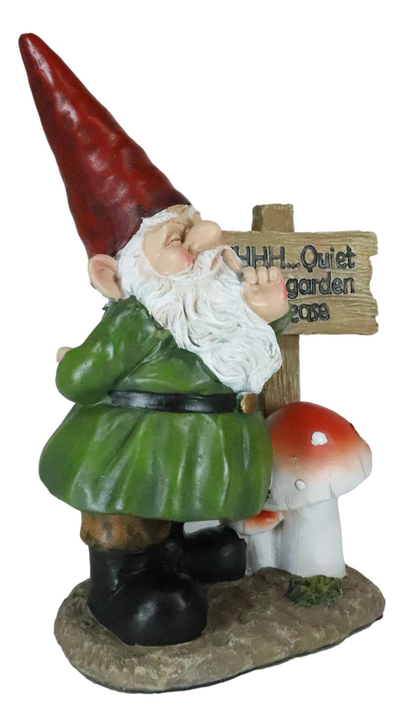 Whimsical Garden Gnome With Toadstool Mushroom And SHHH Quiet Yard Sign Statue