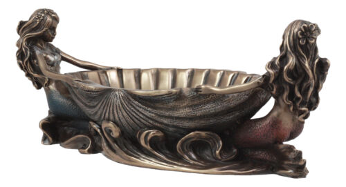 Ebros Coastal Decor Two Mermaids Soap Dish Figurine 9.75"Long Twin Mermaids With Oyster Shell Jewelry Dish