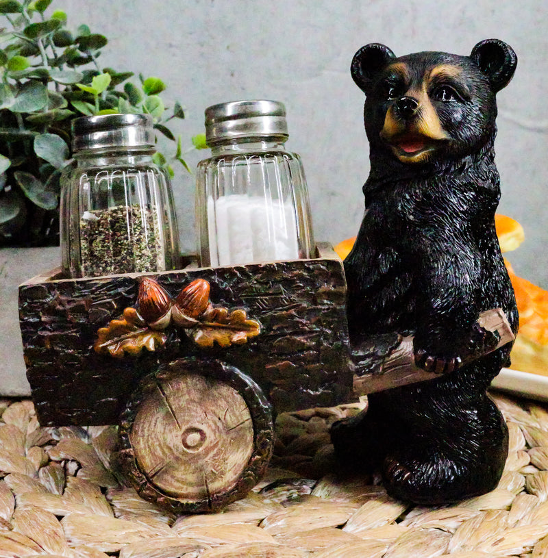 Ebros Black Bear Pushing Vintage Wagon Cart Salt And Pepper Shakers Holder Set