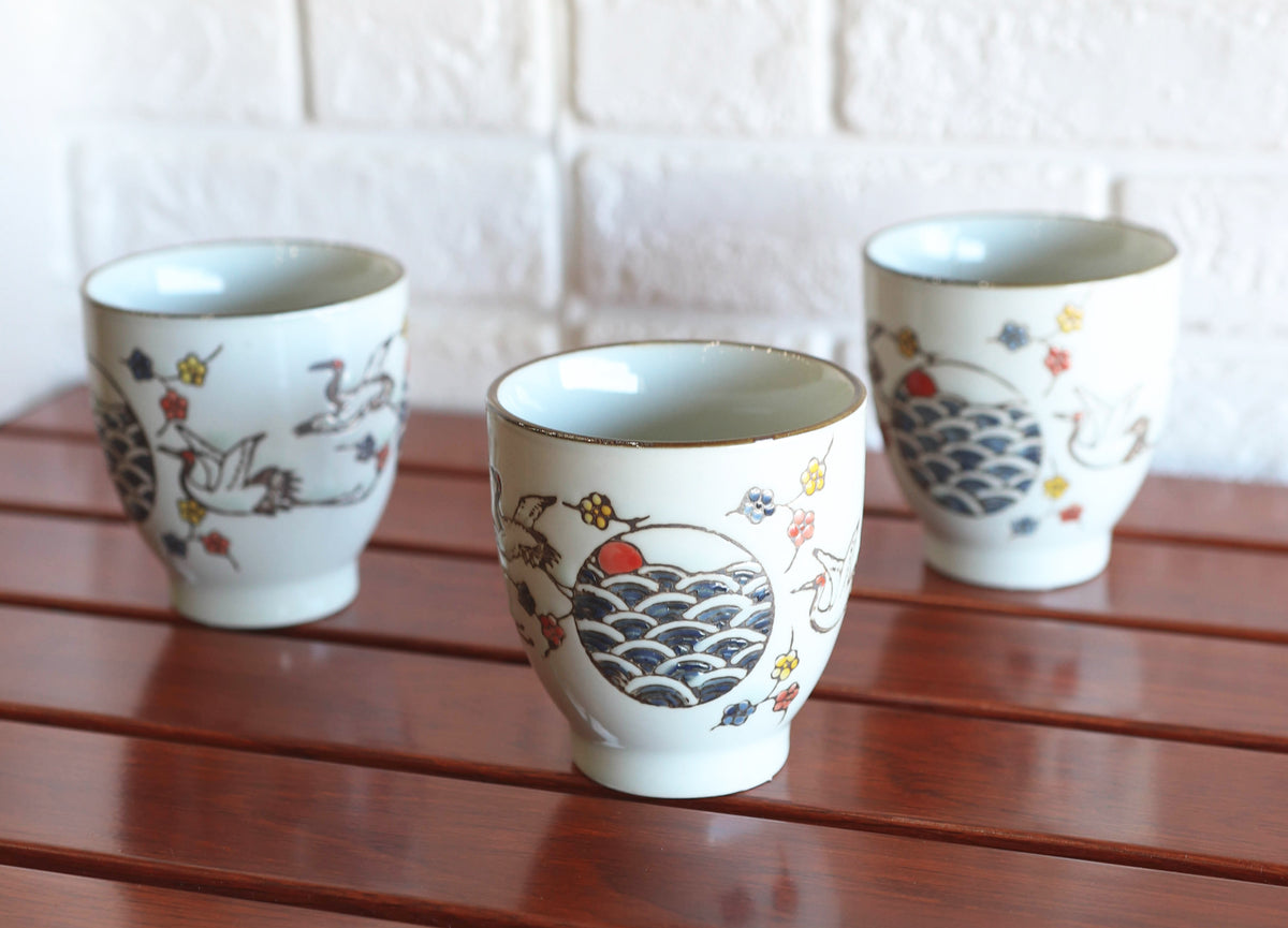 Pack Of 4 Japanese Sakura Cherry Blossom White Crane Ceramic Tea Cups Teacups - Ebros Gift