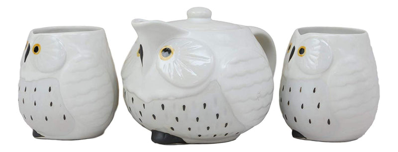 Ebros Whimsical White Fat Snow Owl Ceramic 16oz Tea Pot With 2 Cups Set Owls Decor
