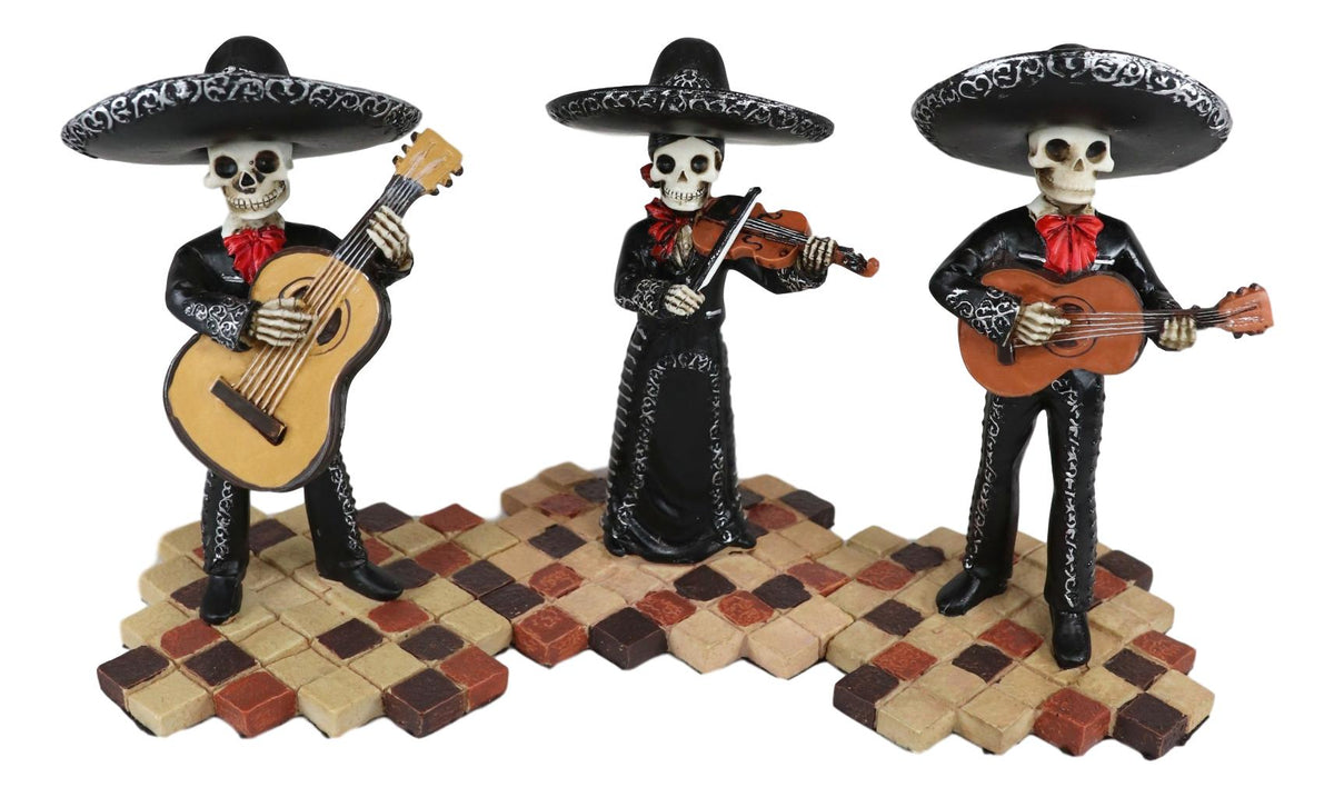 Day Of The Dead Black Mariachi Band Skeleton Folk Musician Figurines Set of 3