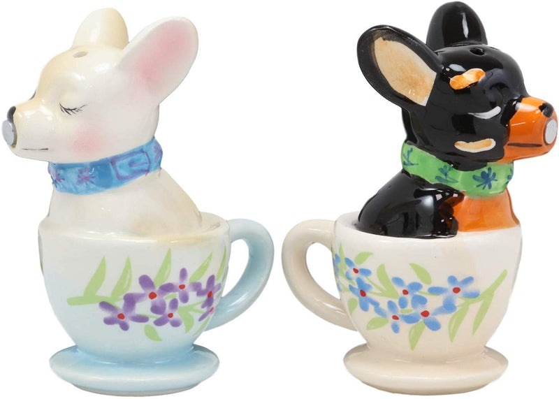 Ceramic Teacup Black White Chihuahua Dogs Kissing Salt And Pepper Shakers Set