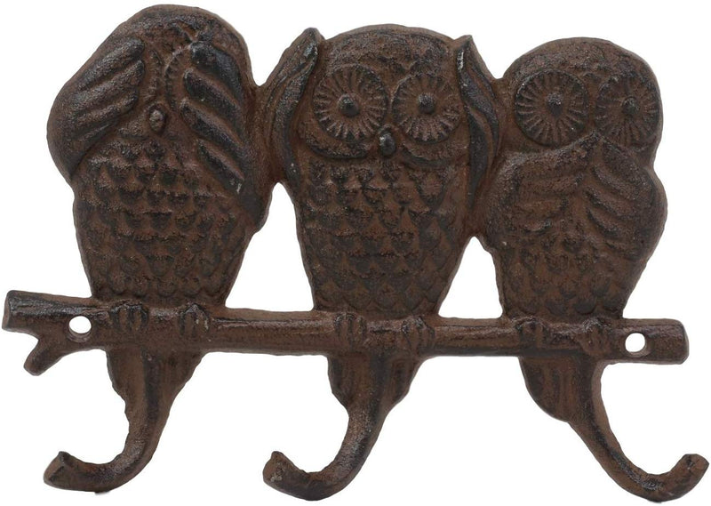 Ebros Cast Iron Rustic See Hear Speak No Evil Owls Family 3 Pegs Wall Hooks 7" W