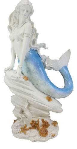 Ebros Large Capiz Blue Tail Nautical Mermaid Sitting On Corals Bedrock Statue