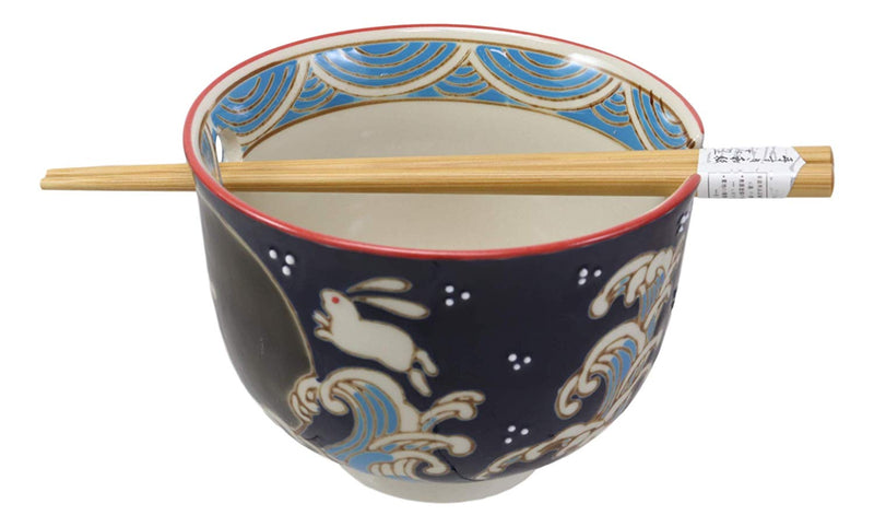 Ebros Rabbits Full Moon Ramen Noodles Bowl With Built In Chopsticks & Rest Set