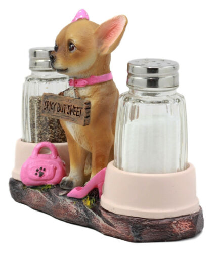 Ebros Gift Hot & Spicy Glamour Pink Girl Chihuahua Dog Glass Salt Pepper Shakers Holder Figurine Teacup Female Chihuahua Decor