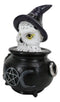 White Snowy Owl With Witch Hat In Black Triple Moon Pentagram Cauldron Figurine