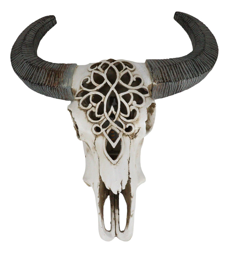 Southwest Tooled Lace Horned Steer Bull Cow Aged Bone Skull LED Light Wall Decor