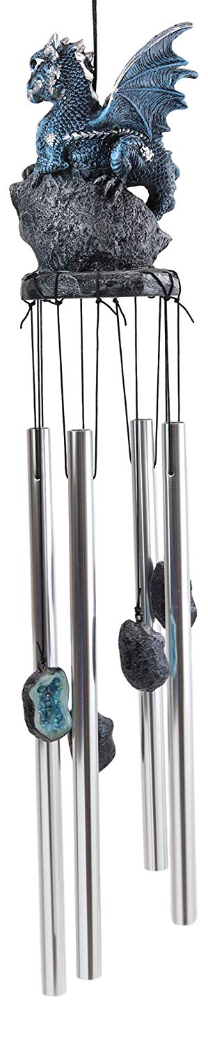 Ebros Blue Dragon Guarding Crystal Crown Top Resonant Wind Chime with Ornaments