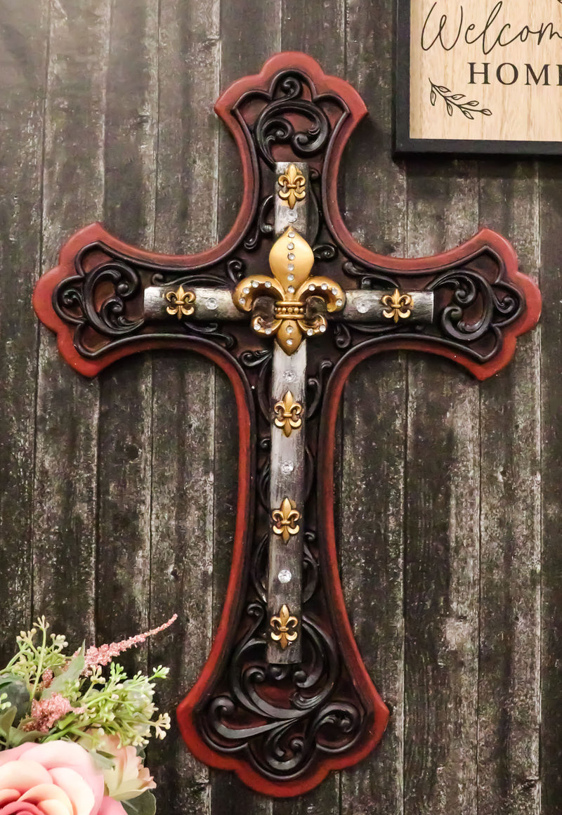 Rustic Southwestern French Fleur De Lis Scrollwork Red Gold Silver Wall Cross