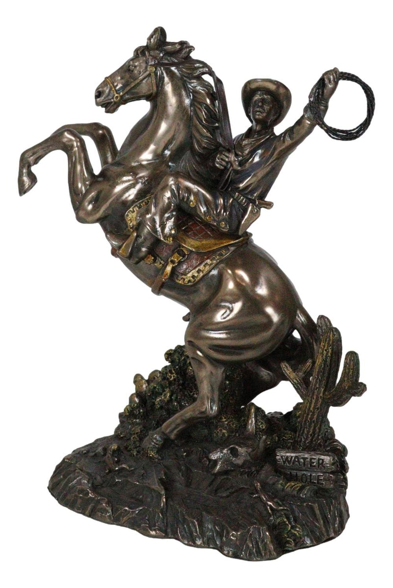 Rustic Western Desert Rodeo Cowboy On Rearing Horse With Lasso Ropes Figurine