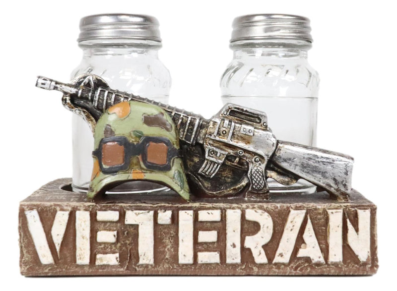 Veteran Military Fallen Soldier Rifle Helmet Salt Pepper Shakers Holder Figurine