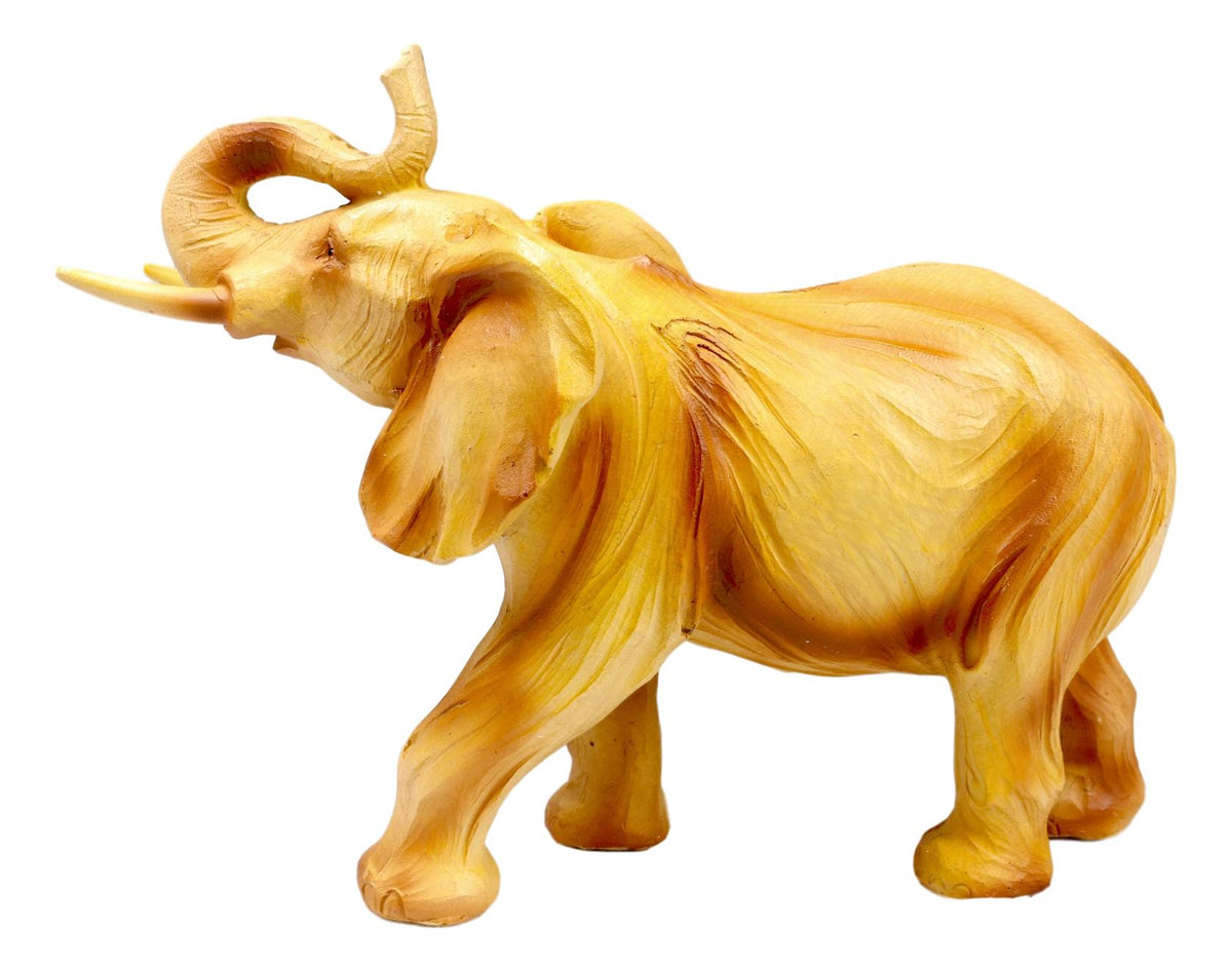 Safari Savannah Landscape Majestic Elephant With Trunk Up Faux Wood Figurine - Ebros Gift