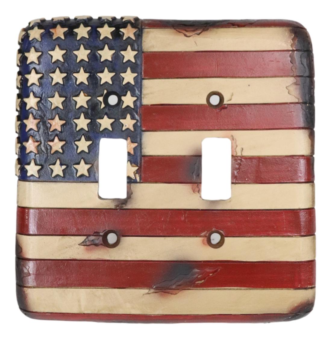 Set of 2 Rustic Patriotic USA American Flag Wall Double Toggle Switch Plates - Ebros Gift