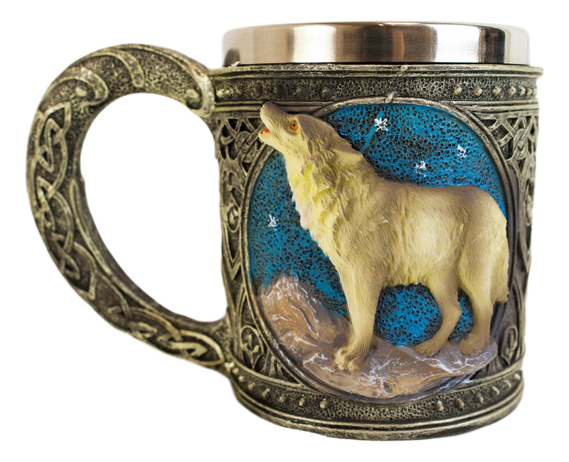 Celtic Howling Direwolf Gray Wolf At Starry Night Mountains Coffee Mug 14oz