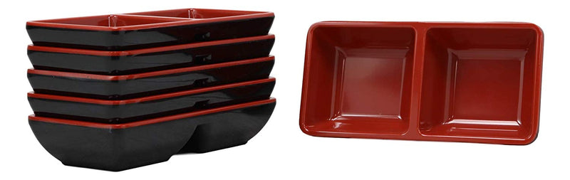 Ebros Red And Black Melamine Traditional Design Condiments Ketchup BBQ Soy Sauce Dipping Bowl or Dish With Divider 2 Partition Compartments Housewarming Gifts For Sushi Asian Dining Restaurant Supply