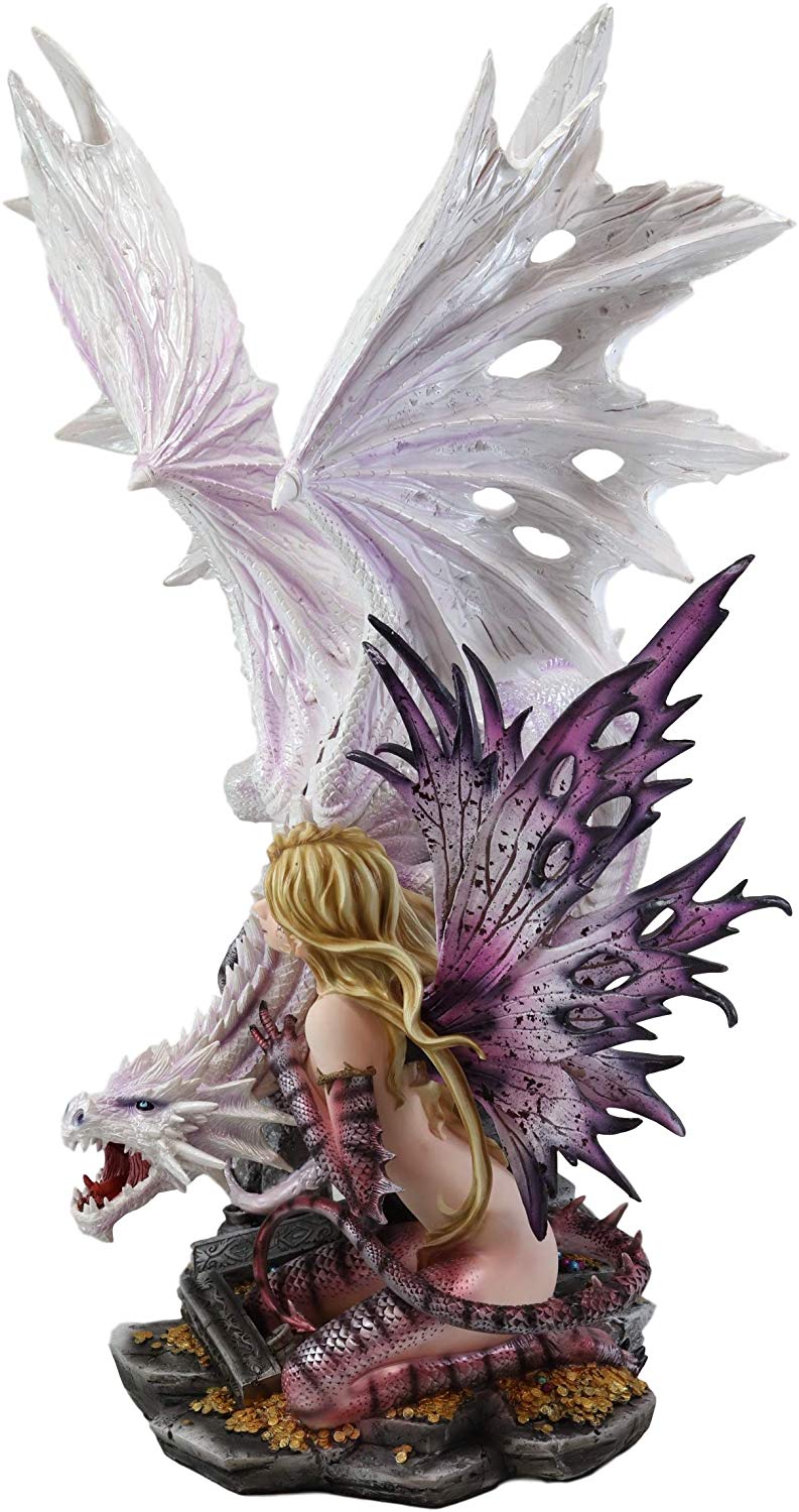 Large 22.75"H Red Reptile Fairy With Roaring White Dragon By Treasures Statue