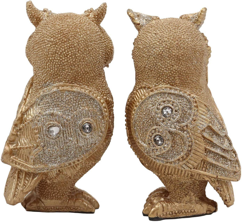 Ebros 4.75" Tall Royal Golden Owl Couple with Glitter Crystals Lace Design Figurine Set of 2 Wisdom of The Woods Wise Great Horned Owl Collectible Statue Accent Decor of Owls Theme - Ebros Gift