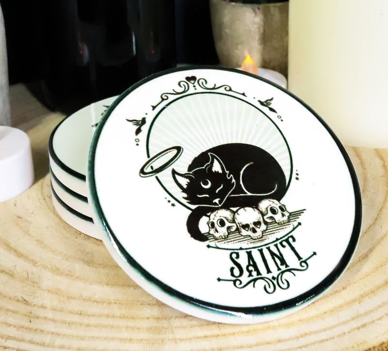 Halo Black Cat Saint And Skulls Ceramic Coaster Set of 4 Tiles With Cork Backing