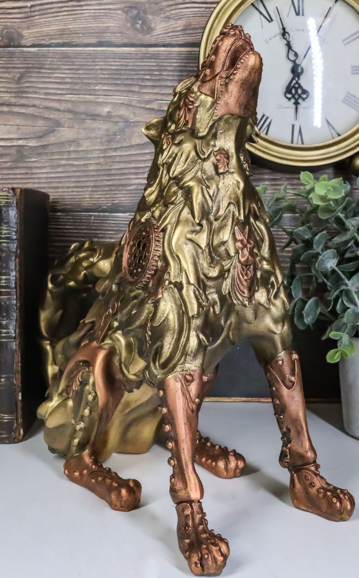 Steampunk Armor Geared Golden Robotic Alpha Wolf Howling At The Moon Statue - Ebros Gift