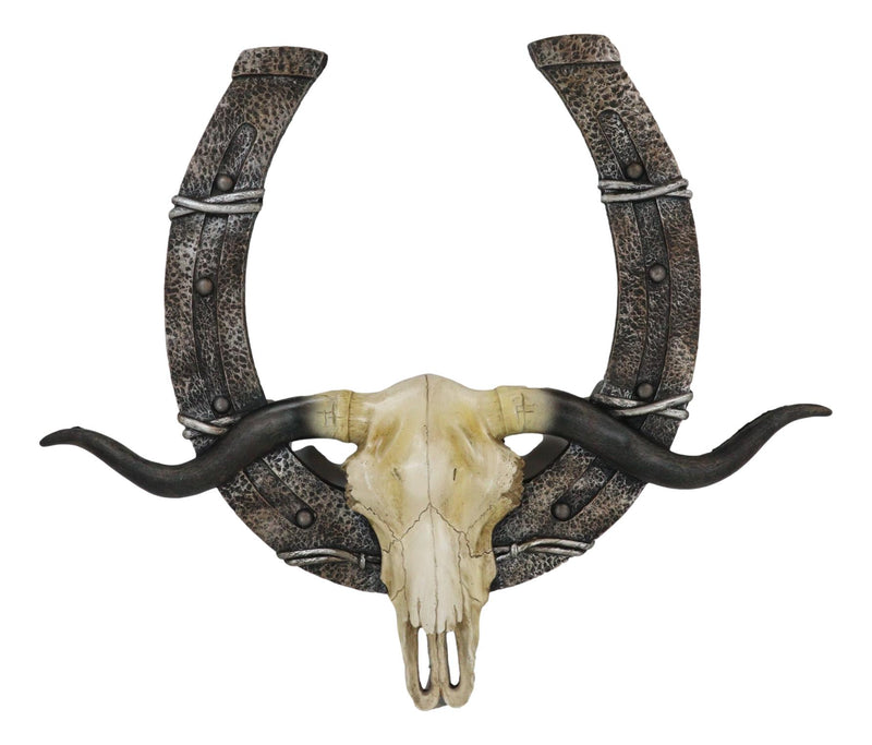 21" L Rustic Western Longhorn Bull Cow Skull With Giant Horseshoe Wall ...