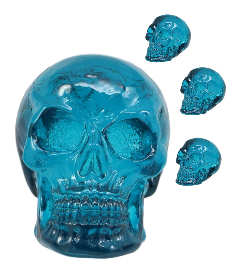 Set Of 4 Blue Translucent Witching Hour Gazing Skull Acrylic Miniature Figurines