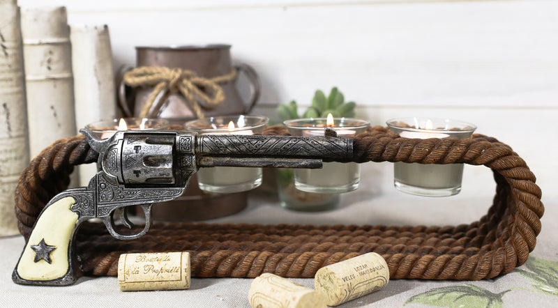 Ebros Western Cowboy Ropes And Revolver Pistol Double Votive Tea Light Candle Holder