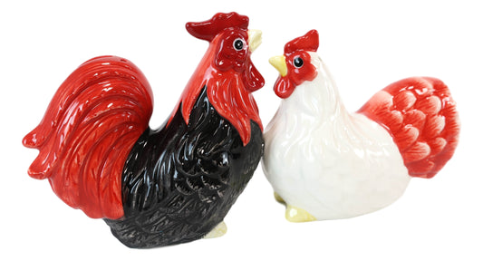 Ebros Chicken Black Rooster And White Hen Magnetic Salt And Pepper Shakers Set - Ebros Gift