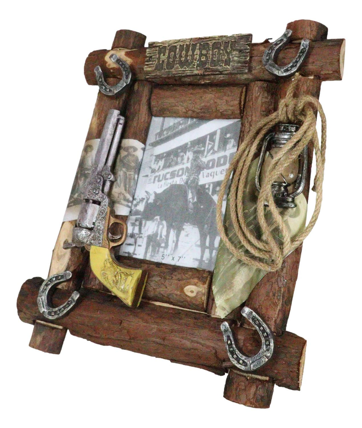 Rustic Western Cowboy Pistol Lantern Horseshoes Ropes Faux Wood Photo Frame 5X7
