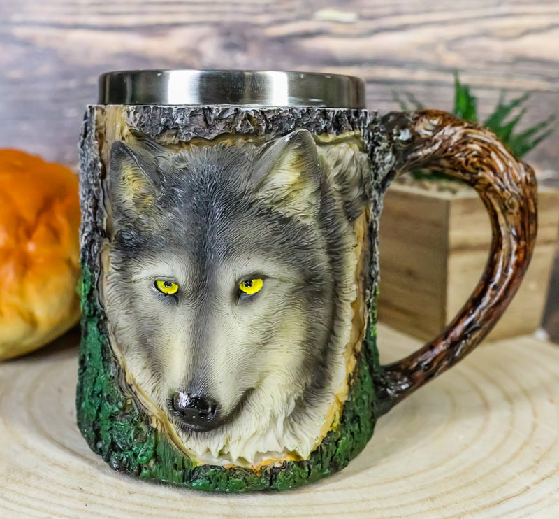 Woodland Animal Totem Spirit Gray Wolf Mug Textured With Rustic Tree Bark Design