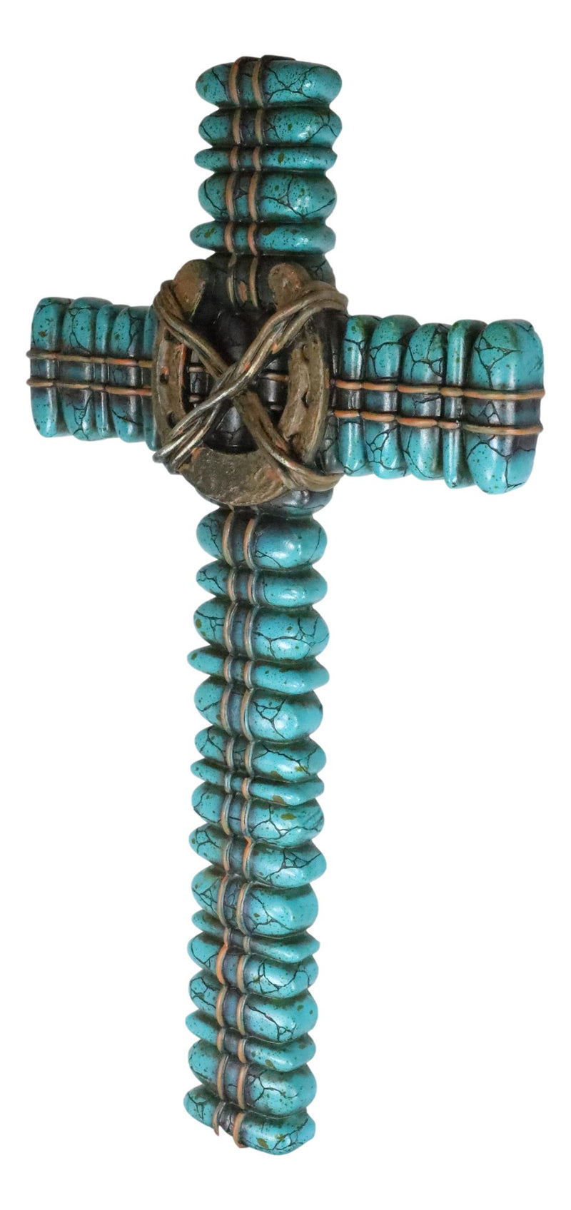 18"H Rustic Western Turquoise Pebbles Horseshoe Barbed Wires Wall Cross Plaque