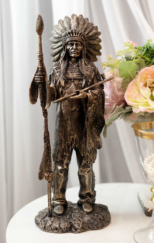 Native American Indian Chief With Eagle Roach Spear And Chalumet Pipe Statue - Ebros Gift