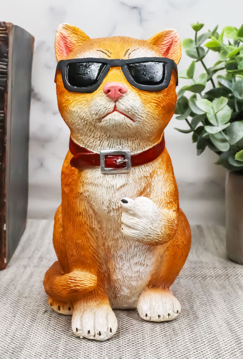 No Pussies Here! Tabby Cat With Shades Flipping The Bird Middle Finger Figurine