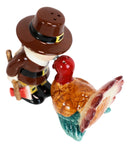 Thanksgiving Pilgrim With Axe Kissing Turkey Ceramic Salt and Pepper Shakers Set