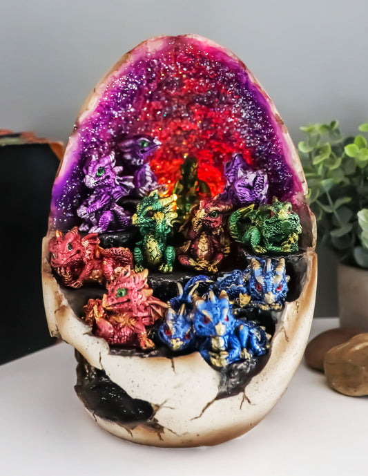Ebros Geode Dragon Egg LED Light Display Stand with 12 Baby Dragons Figurine Set - Ebros Gift