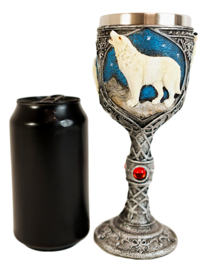 Starry Night Mountains Celtic Howling White Wolf Coffee Mug And Wine Goblet Set